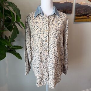 Floral Button-Up Shirt with Denim Collar